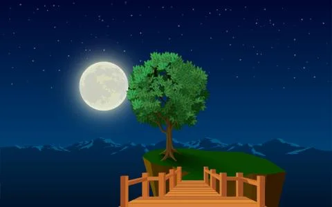 Landscape of tree on the cliff in the full moon night Stock Illustration