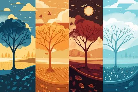 Landscape with a tree in different seasons Stock Illustration