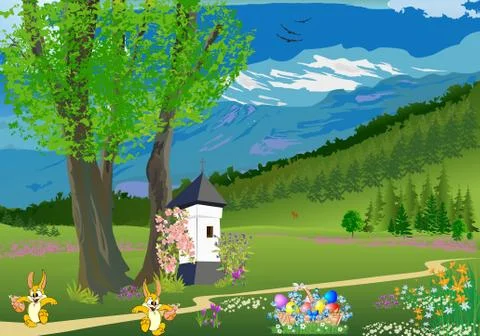 Landscape with a tree for Easter Stock Illustration