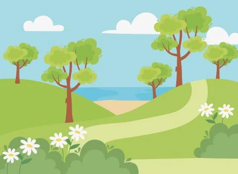 Landscape tree path flowers field beach and lake scene Stock Illustration