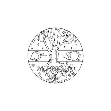 Landscape with tree with roots, sun, moon, stars and stones. Inside the circl Stock Illustration
