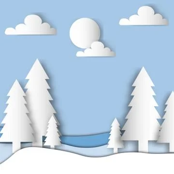 Landscape with trees and clouds in white paper cut effect with shadows Illustrazione stock