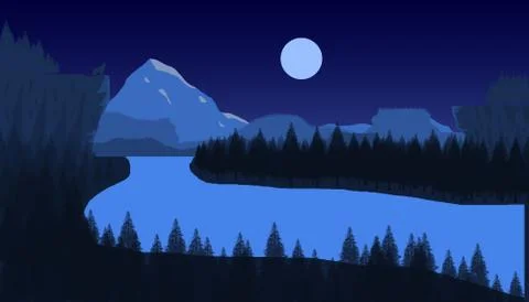 Landscape with trees and full moon Stock Illustration