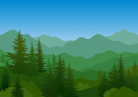 Landscape, Trees and Mountain Stock Illustration