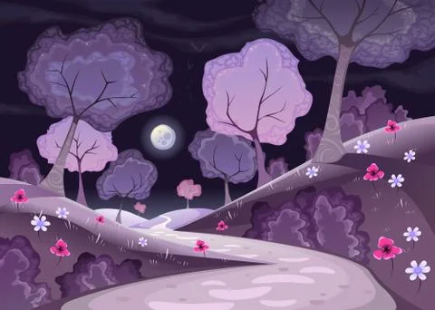 Landscape with trees and path in the night. Illustrazione stock