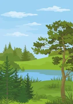 Landscape with Trees and River Stock Illustration