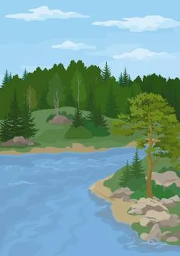 Landscape with Trees and River Stock Illustration