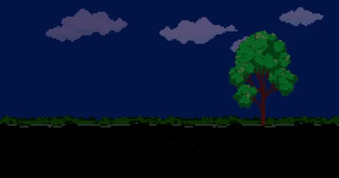 Landscape with trees and sky. Animation of old style pixel game. Pixel art game  Vídeo Stock 316839963