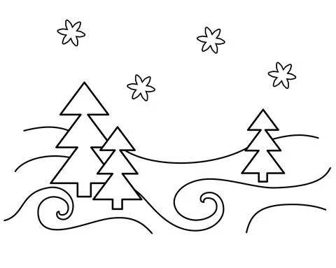 Landscape With Trees And Snow - vector linear doodle. Simple stylized Winter Stock Illustration