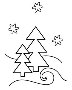 Landscape With Trees And Snow - vertical vector linear doodle. Stock-Illustration