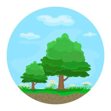 Landscape with trees inside round shape isolated on white background. Stock Illustration