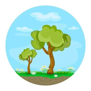 Landscape with trees inside round shape isolated on white background. Stock Illustration