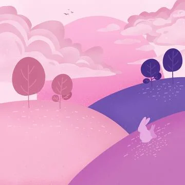 Landscape with trees in pink background illust, The hill with two rabbits illust Illustrazione stock