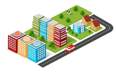 Landscape trees, streets. Three-dimensional views of skyscrapers, houses Stockillustratie