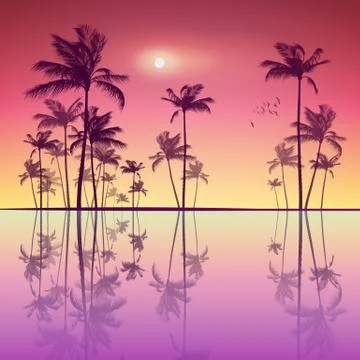 Landscape of tropical palm trees  at sunset or moonlight, with r Stock Illustration