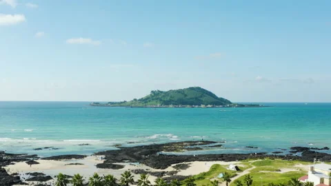 Landscape with tropical trees, waves and islands. Jeju Island. 스톡 동영상 160415928