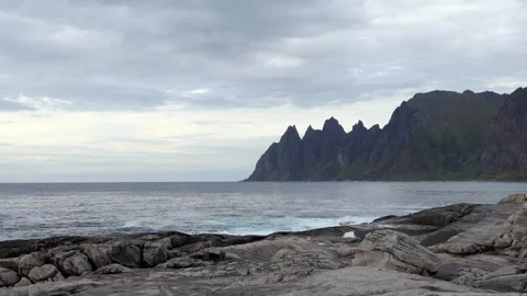 Landscape of Tungeneset, Devil's teeth sharp mountain peaks, Senja island Stock Footage 251447373