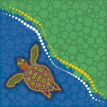 Landscape with turtle in decorative ethnic style. Aboriginal tribal art. Stock Illustration