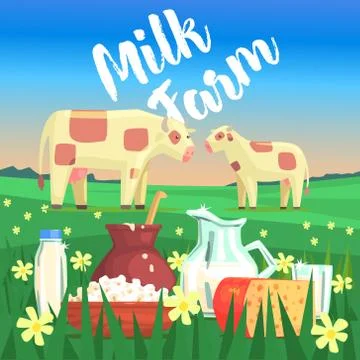 Landscape With Two Cows And Milk Products On The Foreground Stock Illustration