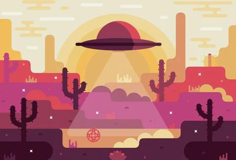 Landscape with UFO, flying saucer over grand canyon or desert near area 51 Stock Illustration