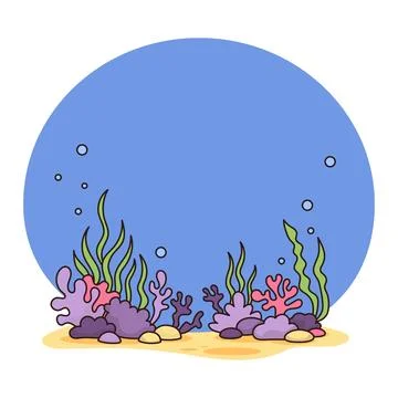 Landscape underwater bottom with algae, corals and sand on blue background... Stock Illustration