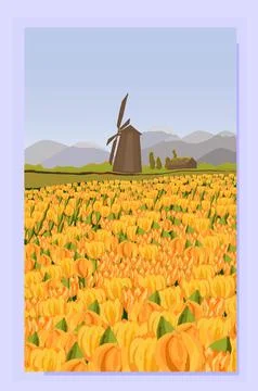 Landscape vector background. Rural landscape. Netherlands nature. Holland mil Stock Illustration