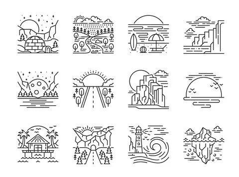 Landscape vector line icons of scenery nature view Ilustración de archivo