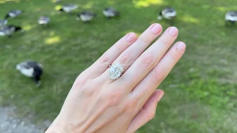 Landscape video of platinum solitaire ring hand above green grass 스톡 동영상 317335599
