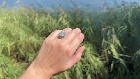 Landscape video of solitaire diamond ring in summer meadow scenery Stock Footage 316826605