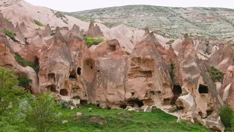 Landscape view of the ancient cave town in Zelve Valley, Cappadocia, Turkey. Stock Footage 332544398