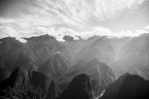 Landscape view of the andes mountain range from Machu Picchu in Peru in black Stock Photos