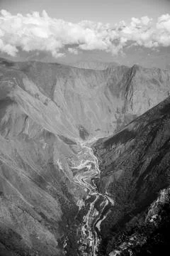Landscape view of the andes mountain range from Machu Picchu in Peru in black Stock Photos