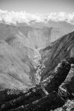 Landscape view of the andes mountain range from Machu Picchu in Peru in black Stock Photos