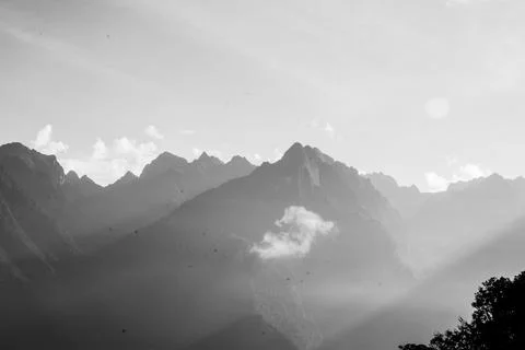 Landscape view of the andes mountain range from Machu Picchu in Peru in black Stock Photos