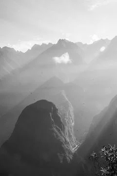 Landscape view of the andes mountain range from Machu Picchu in Peru in black Stock Photos