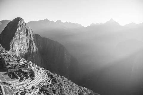 Landscape view of the andes mountain range from Machu Picchu in Peru in black Stock Photos