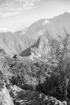 Landscape view of the andes mountain range from Machu Picchu in Peru in black Stock Photos