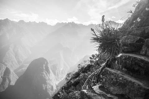 Landscape view of the andes mountain range from Machu Picchu in Peru in black Stock Photos
