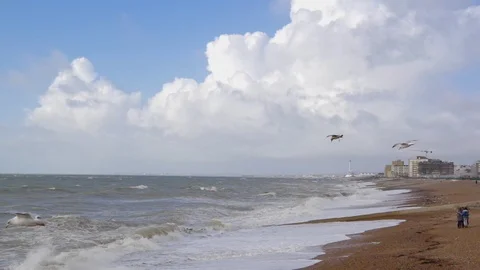 Landscape view of beach and waves dancing on the sea. Stock Footage 100765200