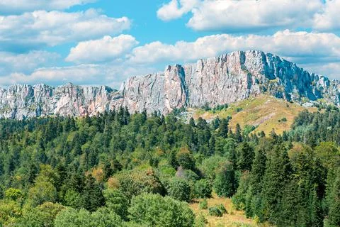 Landscape. View of the blue sky with clouds, mountain, valley and forest 스톡 사진