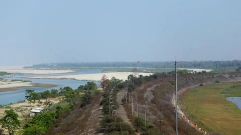Landscape view of Brahmaputra river channel and sandbanks in Assam Stock Footage 330708722