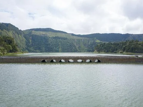 Landscape view of a bridge over the Sete Cidades lake in Sao Miguel, Azores Stock Photos
