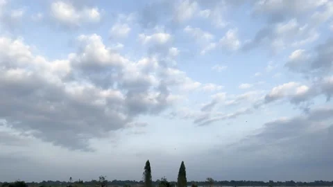 Landscape, View Of Countryside Cloudy Sky Background With Little Birds Flying Stock Footage 296046887