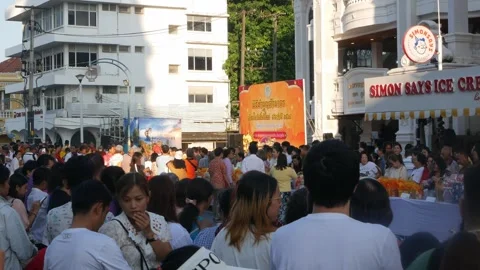 Landscape view of crowded of people joining ready to give alms to monks in .. Stock Footage 317220816