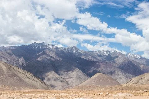 Landscape view of desert sand land with himalaya snow mountain at Leh Ladakh, Stock Photos