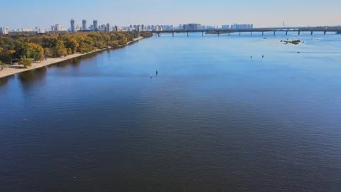 Landscape view on Dnepr River. Blue water and sky. Video stock 163090552