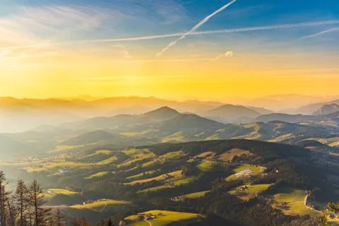 Landscape view during sunset in spring from Graz Schockl mountain in Styria A Stock-Fotos