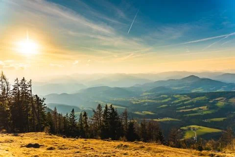 Landscape view during sunset in spring from Graz Schockl mountain in Styria A Stock Photos