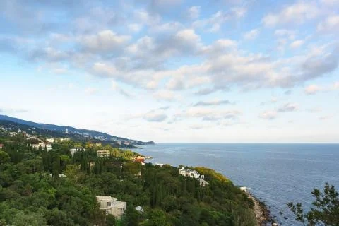 Landscape view at dusk from the observation deck to the resort village of Alu Stock Photos