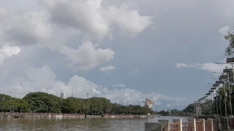 Landscape view of eco friendly lights powered by solar along the river Stock Footage 106688046
